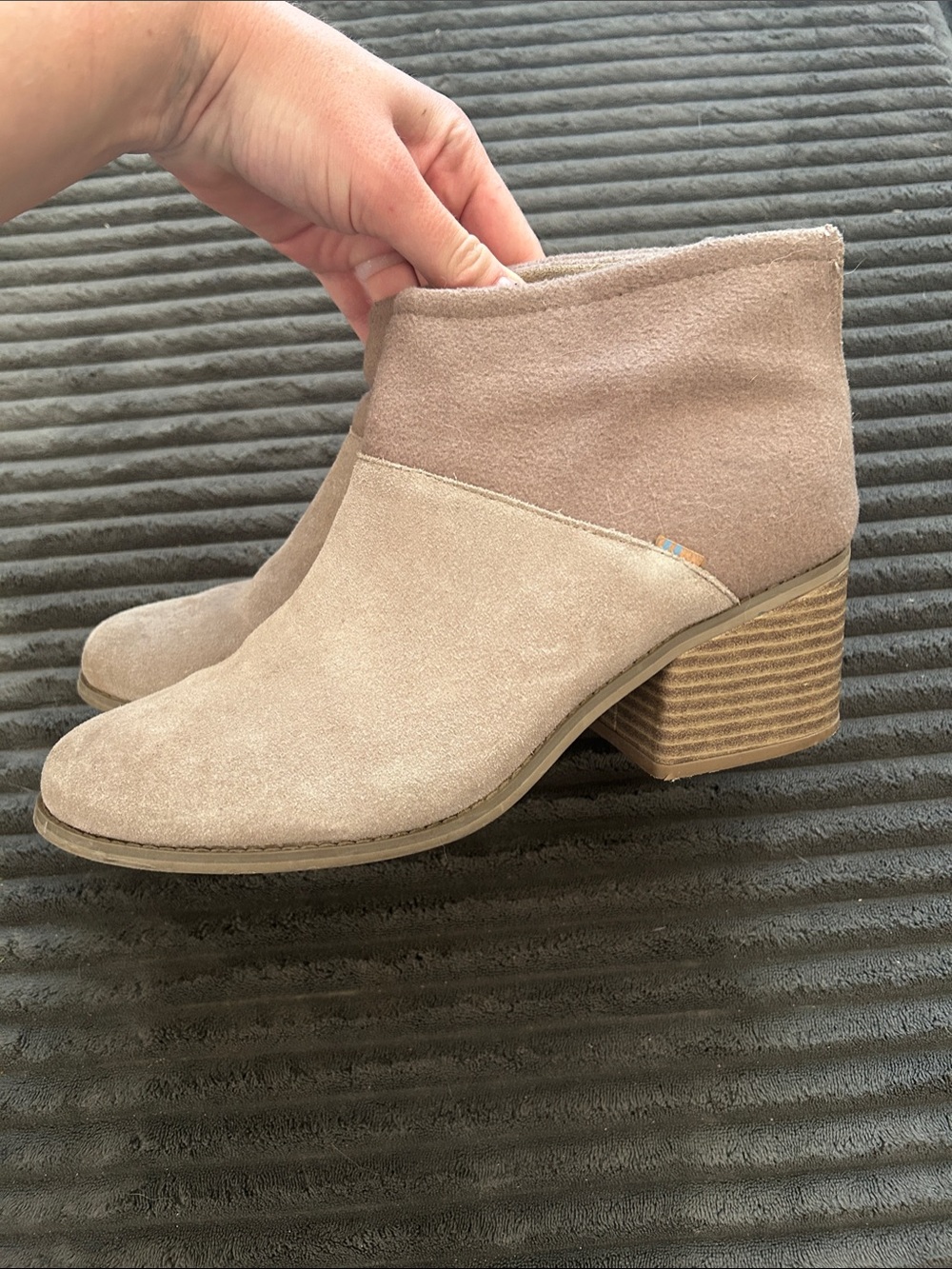 Toms Two-Tone Taupe Suede Ankle Booties - Neutral Block Heel